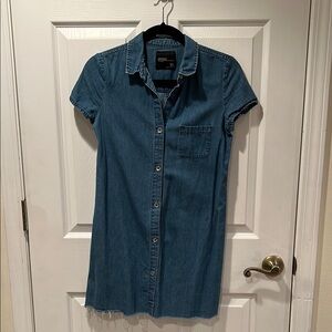 ZARA Denim Button Down Short Sleeve Denim Raw Edge Mini Dress